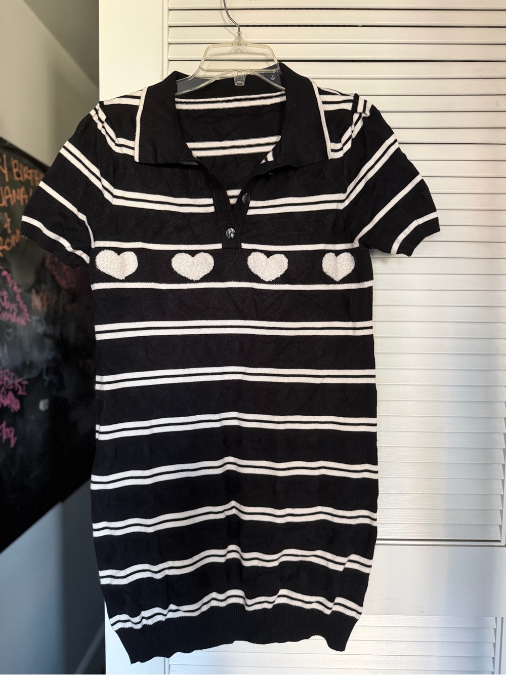 Cider Black & White Striped Heart Polo Dress